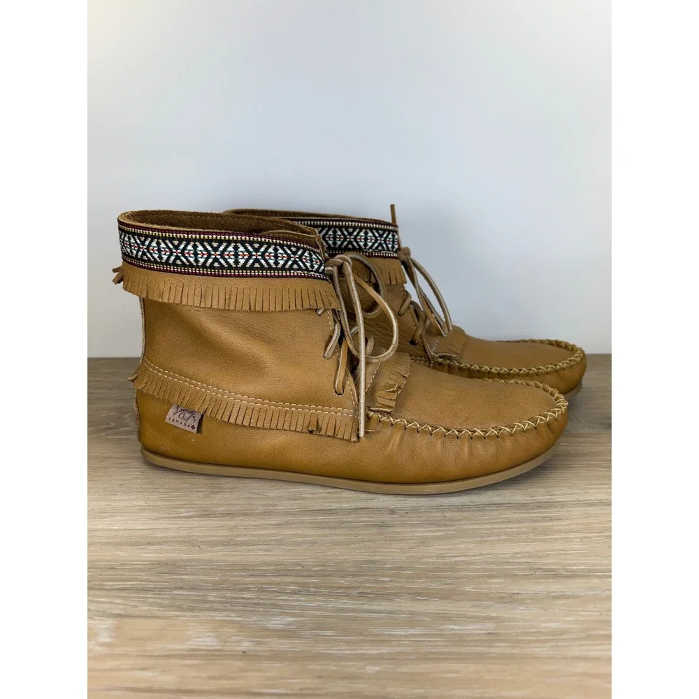 Laurentian Chief 12 Tan Genuine Moose Hide Leather Fringed Moccasin Ankle Boots